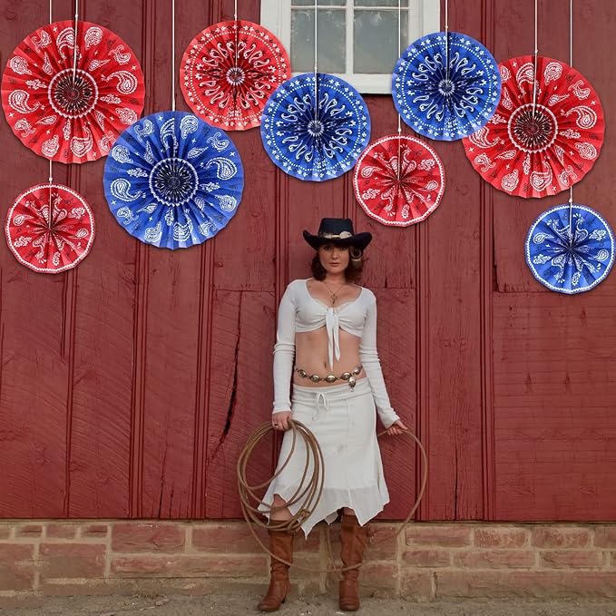 Outus 18 Pcs Western Party Decorations Paper Fans Wild West Bandana Hanging Paper Fans Ceiling Wall Garland for Western Cowboy Themed Party Decorations (Red/Blue)