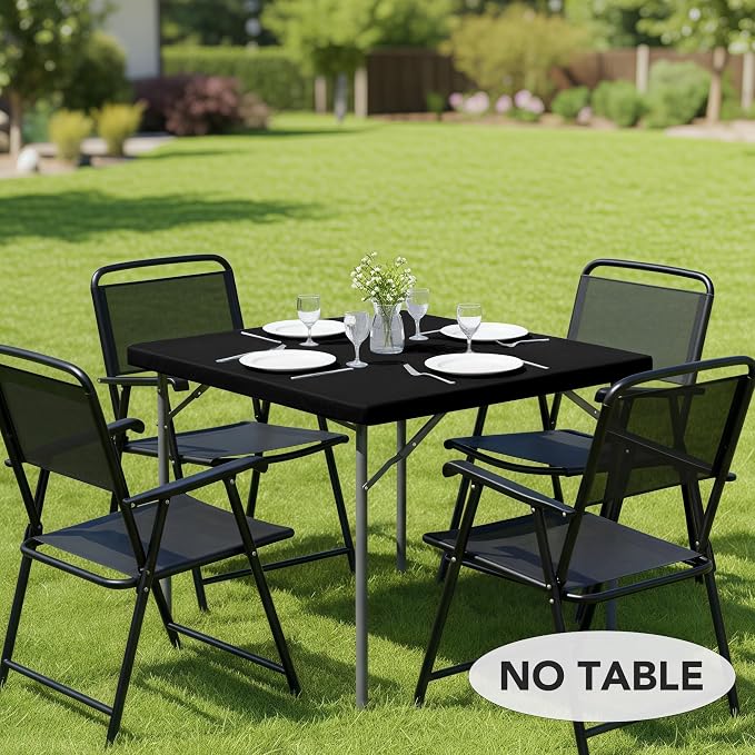 LUSHVIDA Vinyl Card Tablecloth with Flannel Backing 48x48 inch - Waterproof Plastic Picnic Table Cover for Square Folding Table Cloth with Elastic Corners, Black