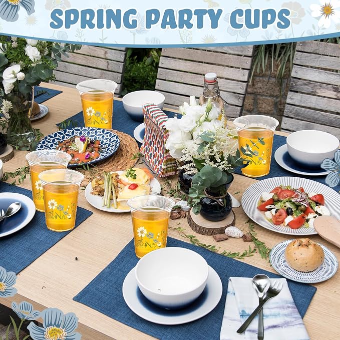 Hushee Blue Boho Floral 60 Pcs Party Cups 16 oz Plastic Disposable Drinking Cups for Birthday Love Baby in Bloom Baby Shower Summer Fresh off The Market Bridal Shower Decorations Supplies