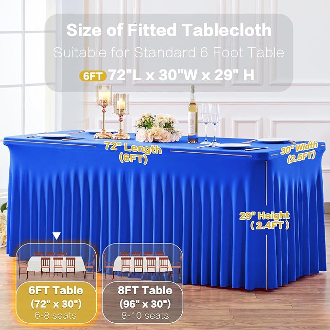 2 Pack Royal Blue Table Cloth for 6 Foot Rectangle Tables Spandex Fitted Tablecloth 6ft Stretch Table Covers Skirt Blue Banquet Tablecloths Wrinkle Free Tablecloth for Party Wedding Birthday Event