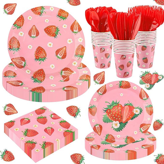 350 PCS Strawberry Party Decor Supplies, Disposable Pink Paper Plates Napkins Knives Forks Cups Dinnerware Set, Sweet Tableware Kit for Baby Shower Girl Birthday Wedding Party Decor Supply, Serves 50