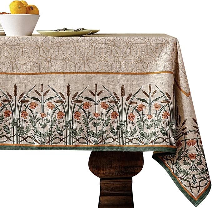 patdrea Vintage French Linen Tablecloth,Square,67"x67"-Cudillero | Elegant Floral Table Cloth for Square Table,Natural Beige Block Print,for Dining Room Tea Party Thanksgiving