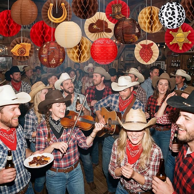 Retisee 18 Pcs Western Cowboy Party Decor Theme Hanging Paper Lanterns with Wagon Wheels Straw Hay Bales Honeycomb Ball Fans for Wild West Rodeo Birthday Wedding Supplies