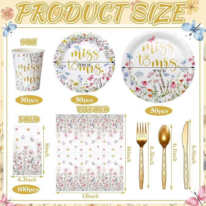 400 Pcs Miss to Mrs Plates and Napkins Sets Bridal Shower Disposable Dinnerware Wedding Party Supplies Spring Plates Baby Shower Party Decorations