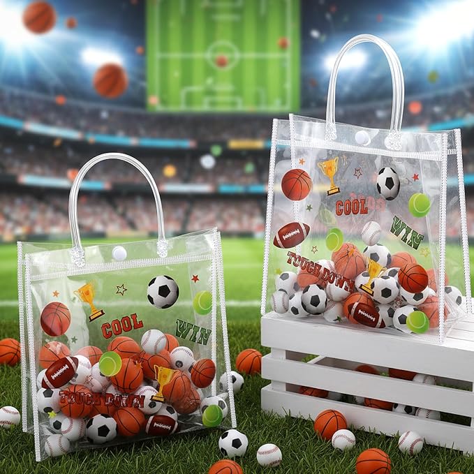 Hosuly 24 Pcs Sport Party Favor Bags with Handles, Clear PVC Football Goodie Treat Gift Bags Basketball Football Baseball Printed for 2026 Sport Birthday Party Favors Supplies 7.9 x 7.9 x 3.1 Inch