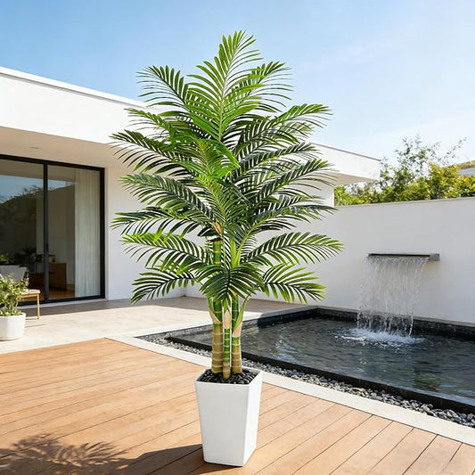 Artificial Palm Tree Indoor Plant Tall Fake Tropical Palm Tree in Pot with Real Bark Design Faux Areca Palm Tree for Home Office Living Room Bedroom Farmhouse Modern Outdoor Decor (21 Leaves 6 FT)