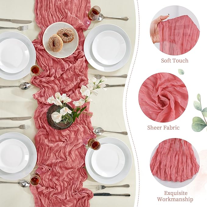 12 Pack Rose Cheesecloth Table Runner 10FT Long Easter Spring Boho Gauze Table Runner Rustic Sheer Runner for Wedding Bridal Baby Shower Birthday Party Table Decor Home Easter Decorations