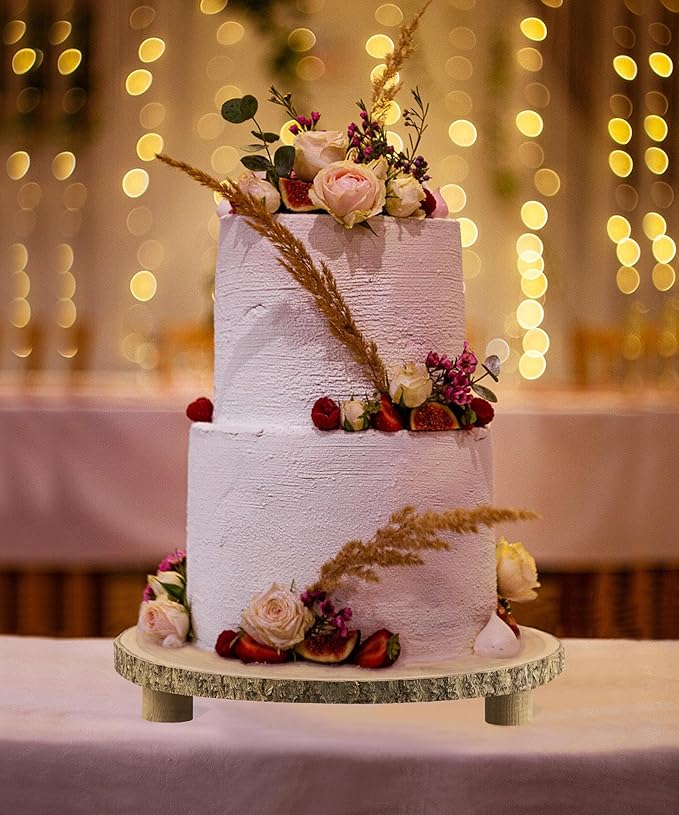 Gusnilo Rustic Wood Cake Stand with Legs – 11.5-12.5" Natural Wood Slice for Weddings, Parties & Desserts (Handcrafted Bark Edge)
