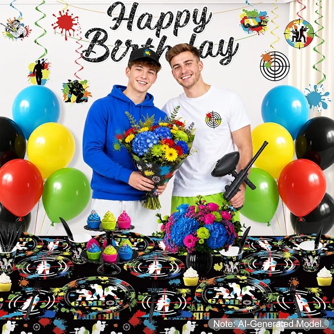Paintball Birthday Party Decorations for 25 Guests, 219PCS All-in-One Colorful Paint Splash Shooting Game Theme Party Supplies Set with Plates, Balloons, Banner, Cake Topper, and Tablecloths