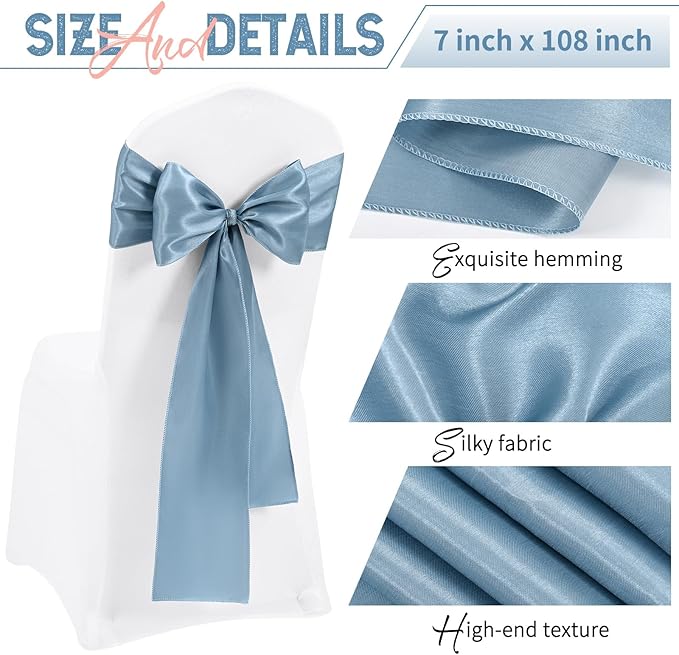 120 PCS Dusty Blue Satin Chair Sashes, Ties Bows Designed Chairs Decorative, Chair Cover Sashes for Thanksgiving Wedding Christmas Banquet Party Home Kitchen Decoration (7 x 108 inch)