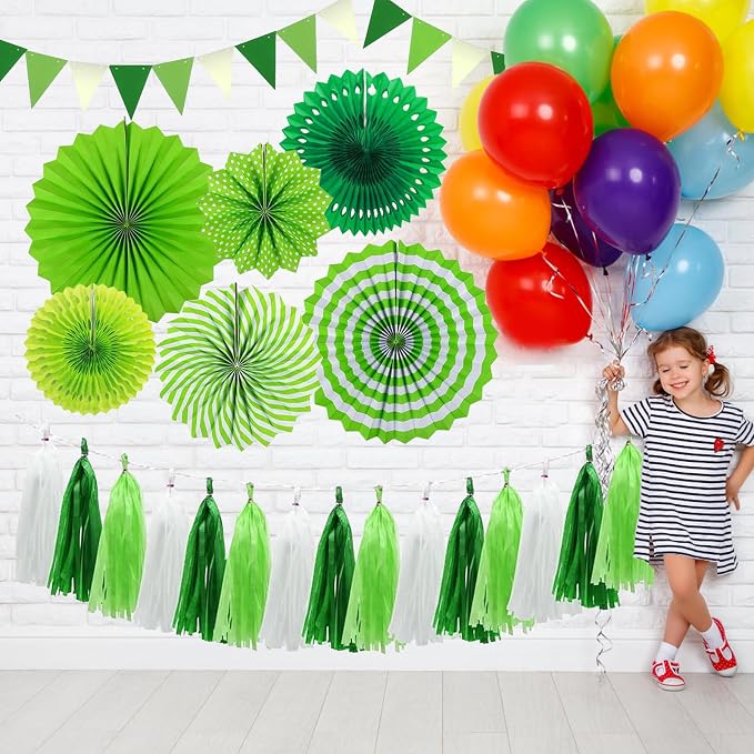 Green Party Decorations Set Birthday Paper Fan Tissue Pom Poms Streamers Theme Party Supplies Tassel Garland Banner Dinosaur Parties Arbor Day