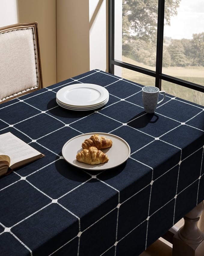 ZeeMart Grid Embroidered Hemmed Tablecloths, Navy 52x52 Inch, Farmhouse Style Heavy Weight Cotton Linen Navy Blue Tablecloths, Boho Plaid Water Resistant Square Table Cloth
