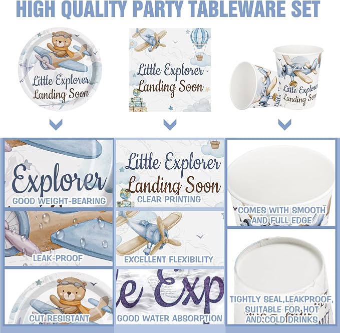 Hushee 200 Pcs Little Explorer Baby Shower Paper Plates Napkins Cups Baby Shower Party Supplies Tableware Set Disposable Cup Napkin for 50 Guest Party Decoration