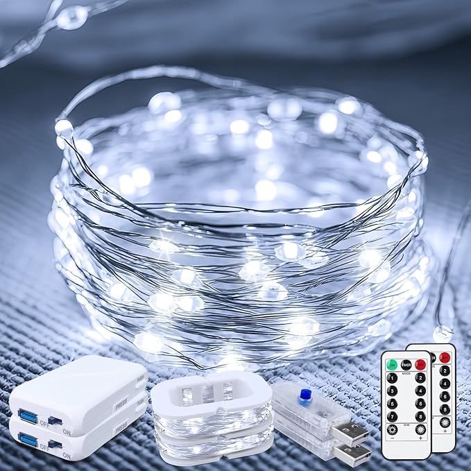 50LED Fairy Lights USB & Battery Powered 2Pack, 16FT White Fairy String Lights with 8 Modes & Timer, Cuttable Copper Wire Waterproof Twinkle Light Indoor Outdoor for Bedroom Wedding Christmas Decor