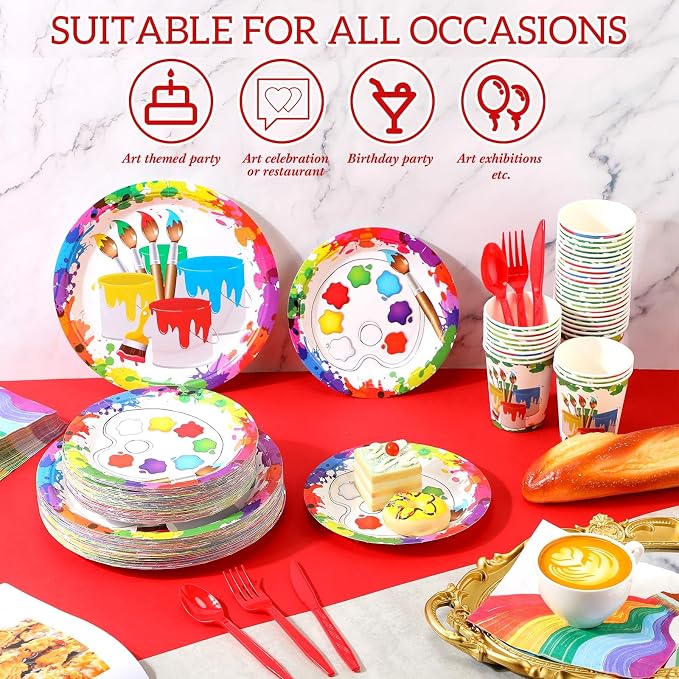 Uiifan 350 Pcs Paint Party Decorations Art Party Supplies with 100 Painting Plates 50 Napkins 50 Paper Cups 150 Plastic Silverware Disposable Dinnerware Set for Art Birthday Table Decor