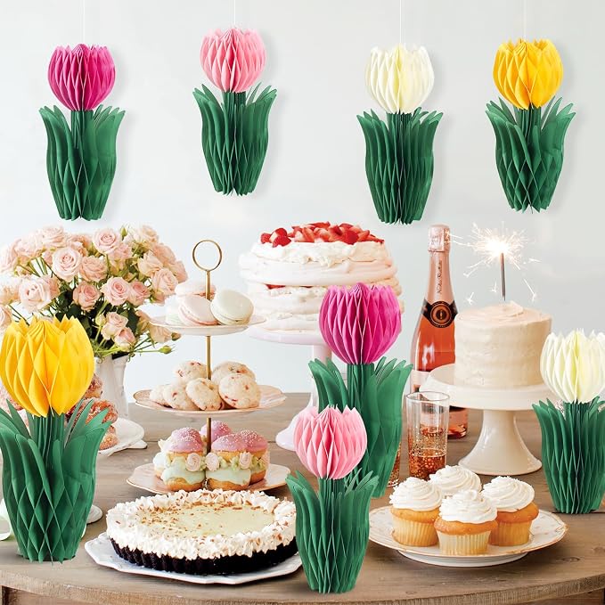 SUNBEAUTY 8 PCS Flower Honeycomb Decor Tulips Table Centerpieces Spring Decoration for Home Office Paper Flower Tulip Honeycomb Decor for Garden Party, Mother's Day Decoration