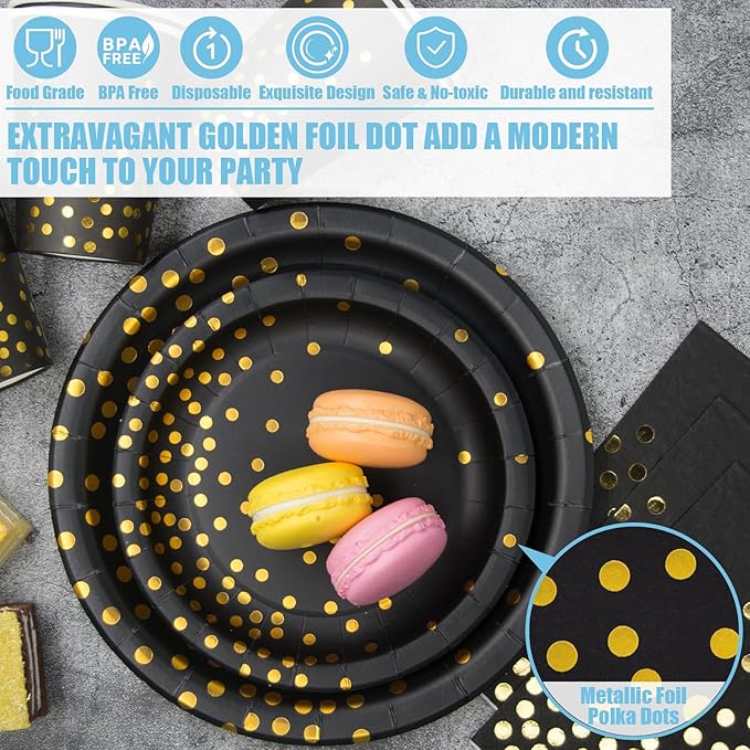 2026 Black and Gold New Years Eve Party Supplies Decorations, 350PCS Disposable Dinnerware Set w/Black Gold Dot Paper Plates Napkin Cup Plastic Forks Knives Spoon for Birthday Christmas Retirement