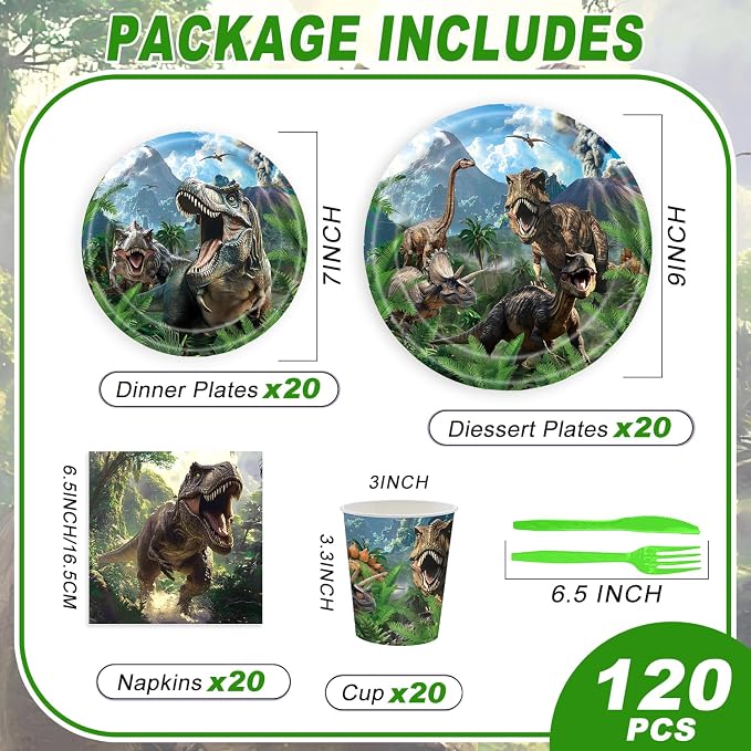 120PCS Dinosaur Party Birthday Supplies for Boys Kids Dino World Themed Tableware Set Dinosaur Park Party Decorations Tableware Set Plates Napkin Cups Set for 20 Guests