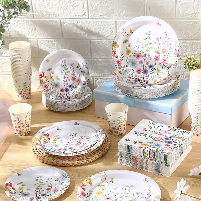 Ziliny 250 Pcs Wildflower Party Decorations Include Spring Summer Floral Paper Plates Napkins and Cups for Wildflower Baby Shower Tea Decorations, Serve 50 Guest(Vivid, Blossom Style)