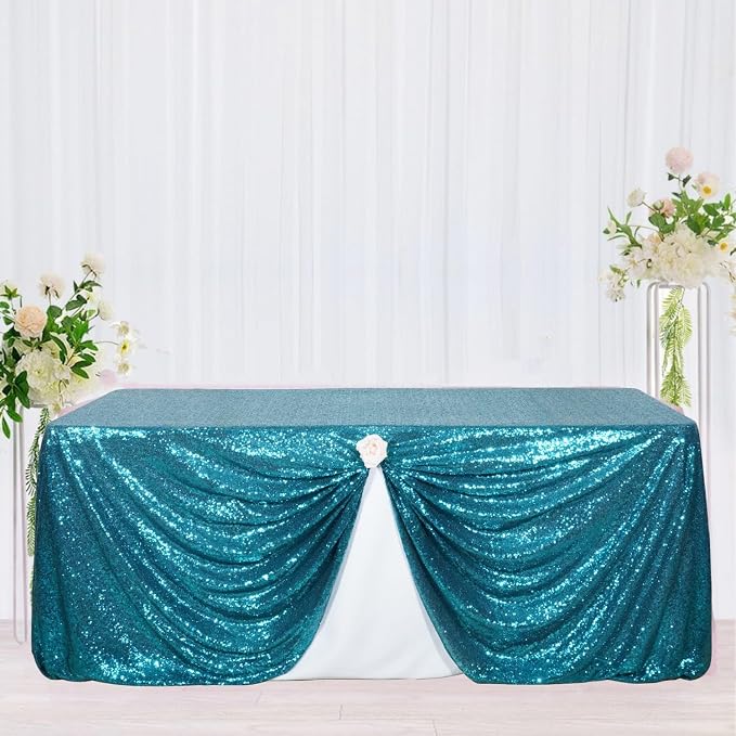 Poise3EHome Teal Sequin Tablecloth 50×80 Inch Rectangle Sparkly Fabric Table Cover Overlay for Baby Shower Birthday Party Wedding Christmas Holiday Decoration