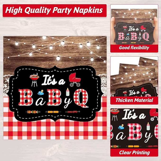 200pcs BBQ Baby Shower Plates Napkins Baby Q Paper Tableware Set It's A BabyQ Cake Dessert Disposable Dinnerware Rustic Barbecue Party Decoration for Baby Shower Birthday Decor Supplies Serves 50