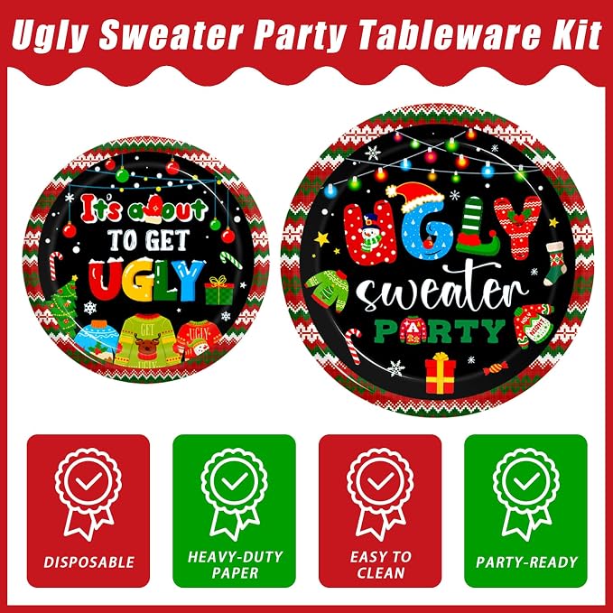 Kepeel 96Pcs Christmas Ugly Sweater Party Plates, Merry Christmas Party Decorations Supplies for Winter Holiday Xmas Family Gathering Birthday Party Disposable Tableware Set, Serves 24