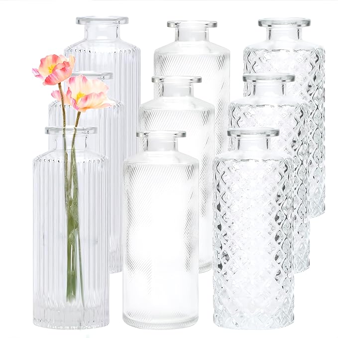 Glass Bud Vase Set in Bulk, 9pcs Mini Vintage Flower Vases for Wedding, Clear Relief Vase for Centerpieces,Home Table Flower Decor, Party Decorations