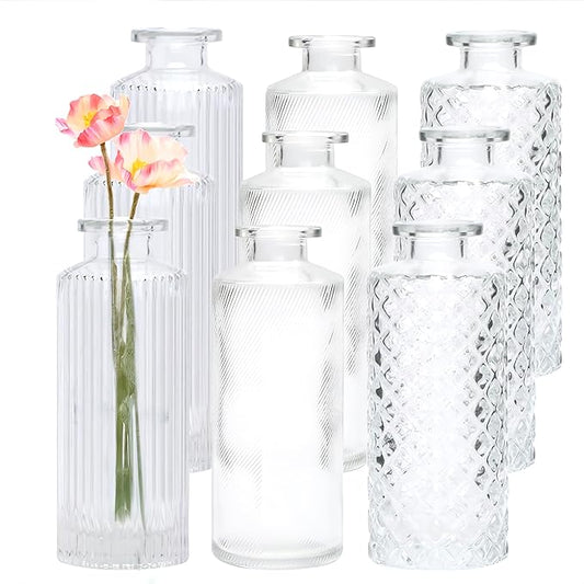 Glass Bud Vase Set in Bulk, 9pcs Mini Vintage Flower Vases for Wedding, Clear Relief Vase for Centerpieces,Home Table Flower Decor, Party Decorations