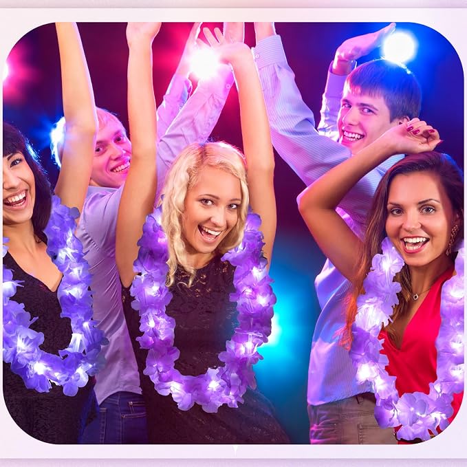 Sherr 48 Pcs LED Hawaiian Leis Light up Flower Leis Necklace with LED Lights Luau Flowers Necklaces for Masquerade Beach Wedding Tropical Themed Party Supplies(Various Purples)