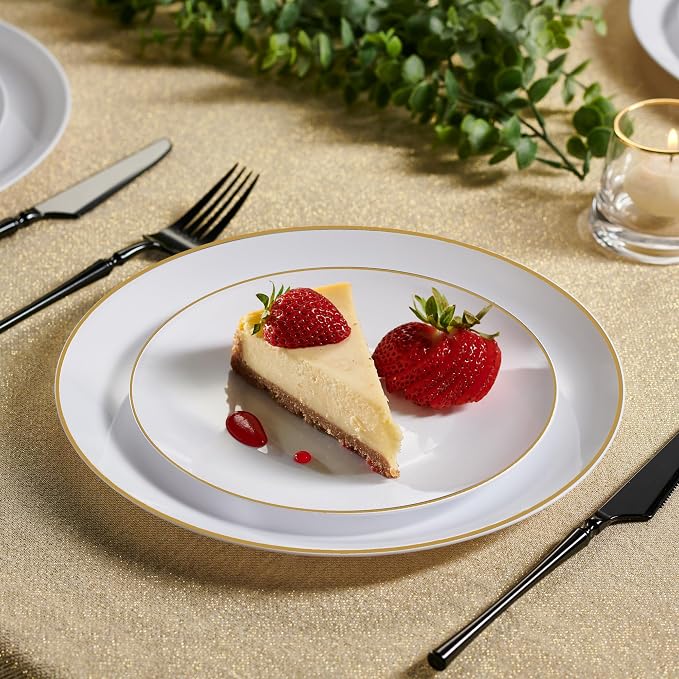 PLASTICPRO 64 Piece Combo Plates Set includes 32 7'' inch Plates & 32 10'' inch Plates White Plastic Organic Party Plates With Gold Rim, Premium heavyweight Elegant, Tableware, Dishes,