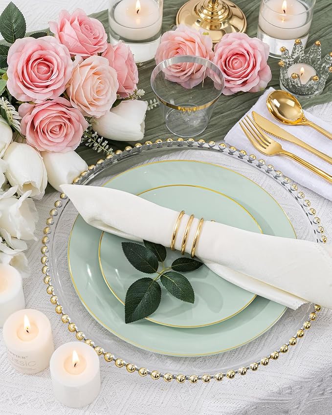 bUCLA 150PCS Green Plastic Plates - Sage Green with Gold Rim Disposable - Include 25 (Dinner & Dessert) Plates, 25 Knives, 25 Forks, 25 Spoons and 25 Cups for Party, Birthday & Spring