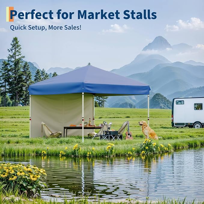 GarveeLife 10x10 Pop Up Canopy with One Sidewalls Easy Up Camping Tent with One Button Push Setup 1 Roller Bag 3 Adjustable Height 4 Weight Bags (Blue, 10x10 + 1 Sidewall)