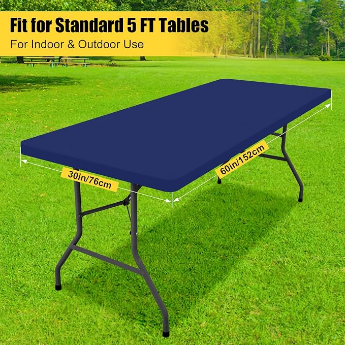Smiry 3 Pack Rectangle Table Cloth, Elastic Fitted Flannel Backed Vinyl Tablecloths for 5ft Folding Tables, Waterproof Wipeable Table Covers for Indoor, Outdoor, Camping and Picnic (Navy, 30"x60")
