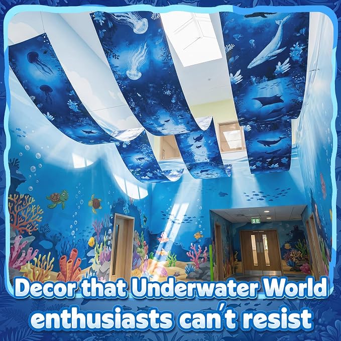 Gilprop 3 Pcs Ocean World Ceiling Decorations, 2 x 12 Ft Underwater Theme Hanging Fabric, Sea Creature Party Supplies for Birthday Baby Shower Classroom Photo Backdrop & Event Decor
