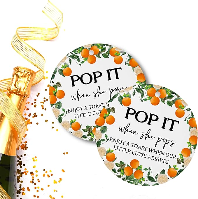 Orange Pop It When She Pops Cutie Mini Champagne Bottle Tags | 30 pk 2.5” Hang Circles with Hole for Gender Reveal Baby Shower Party Favor Sprinkle Labels Stickers