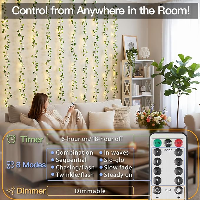 suddus Vines with Lights for Bedroom, 150 LED Fairy Lights with Vines, Ivy Curtain Lights for Bedroom, Dorm, Wedding, Party, Wall, Indoor, Outdoor Decor, 6.5ft x 4.9ft