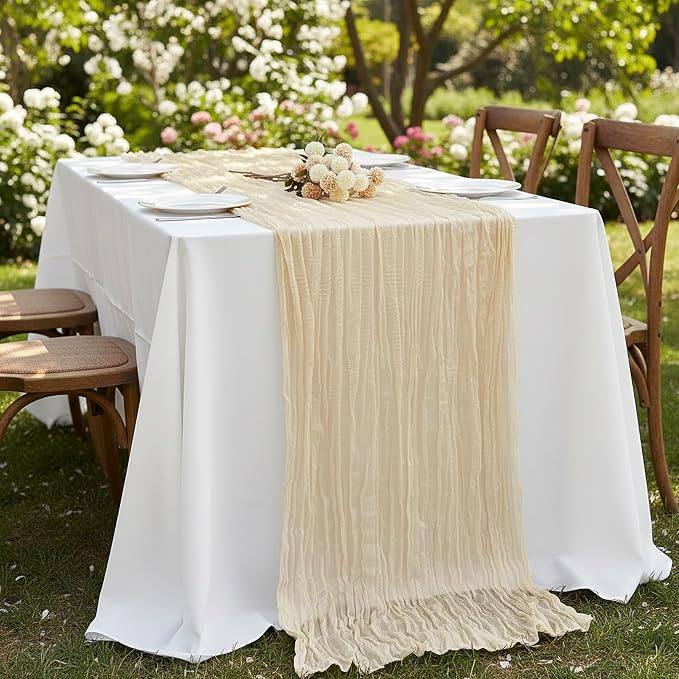 6 Pack Ivory Cream Cheesecloth Table Runner 120 Inch 10FT Cheese Cloth Fabric Runners for Wedding Decoration, Banquet, Boho Decor