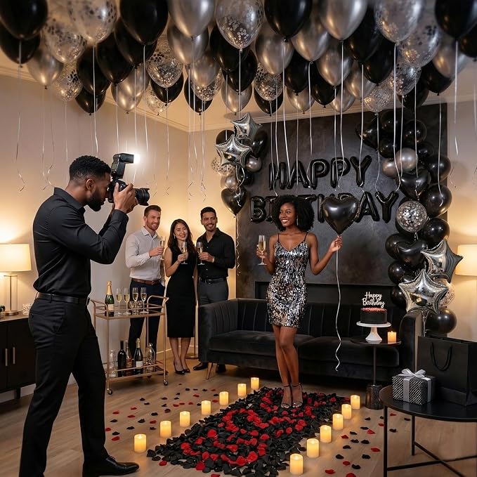 Romantic Birthday Decorations for Men with Black Silver Balloons, Happy Birthday Banner, Tea Lights and Rose Petals, Birthday Decorations for Boyfriend Husband Anniversary Surprise Room Decor (73PCS)