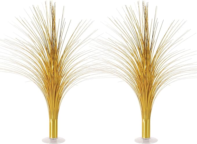 Beistle Metallic Spray Centerpieces - 2-Pack Elegant Gold Table Decorations with Clear Base, Shimmering Foil Sprays for New Year’s Eve, Hollywood Awards Night, Graduation and Celebration Events, 19”