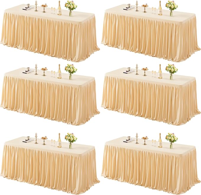 6 Pack Dark Champagne Tablecloths for Rectangle Tables 8ft, Wrinkle Resistant Champagne Table Cover Fitted Stretch Table Cloth with Pleated Ruffle Skirts for Party Banquet Dining Birthday Wedding