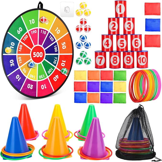 Hungdao 3 Sets Carnival Games Combo Set, Dart Board with Balls Plastic Cones Ring Bean Bags Toss Game for Boys Girls Adults Family Birthday Yard Indoor Outdoor