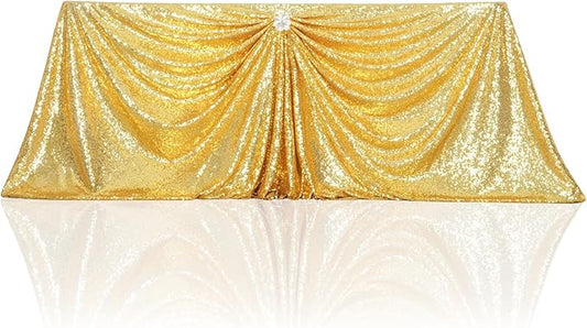 PartyDelight 90x132 Gold Sequin Tablecloth Rectangle Floor Length for 6ft Banquet Tables Professional Stitched High-Density 3mm Sequins -Heavyweight Drape for Wedding Head Tables & Galas