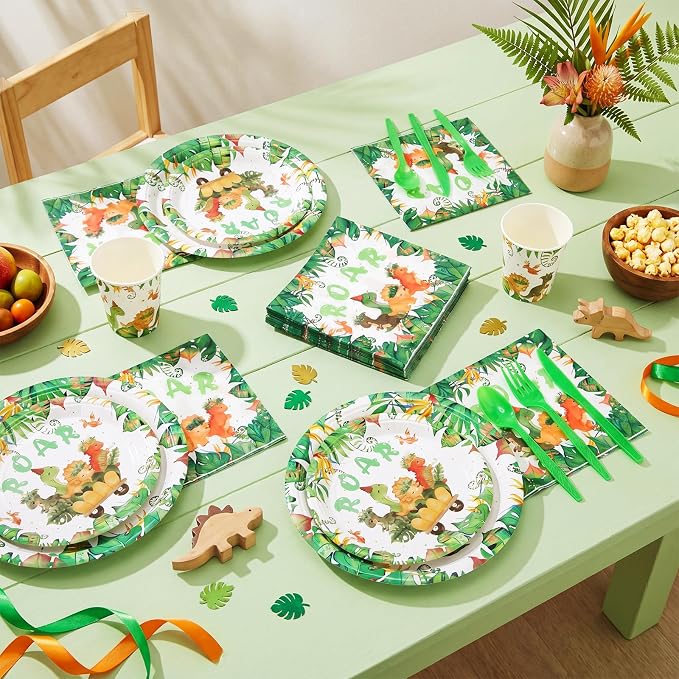 Ziliny 280 Pcs Dinosaur Tableware Set Disposable Dinosaur Paper Plates and Napkins Paper Cups Green Plastic Knives Forks Spoons for Baby Shower Wedding Birthday Party Supplies, Serve 40