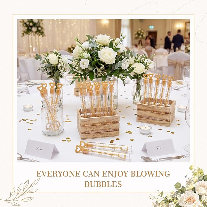 Hollowfly 60 Pack Gold Heart Wedding Mini Bubble Wands for a Wedding Bulk Bubble for Guests Send Off Wand Adults Bridal Exit Shower Party Supplies Valentine Anniversaries Celebration