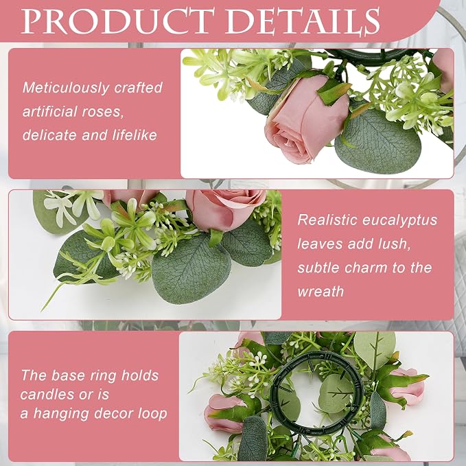 4 PCS Candle Rings - Pink Artificial Roses Rings with LED Flameless Candles Eucalyptus Leaves Wreaths for Wedding Home Centerpieces Banquet Tables Doors Decor, Dusty Pink, 2 Sets