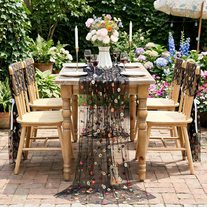 QueenDream Black Flower Table Runner 3 Pcs 10FT Gauze Tulle Fabric with Embroidery Daisy for Home Party Spring Baby Bridal Shower Party Decoration