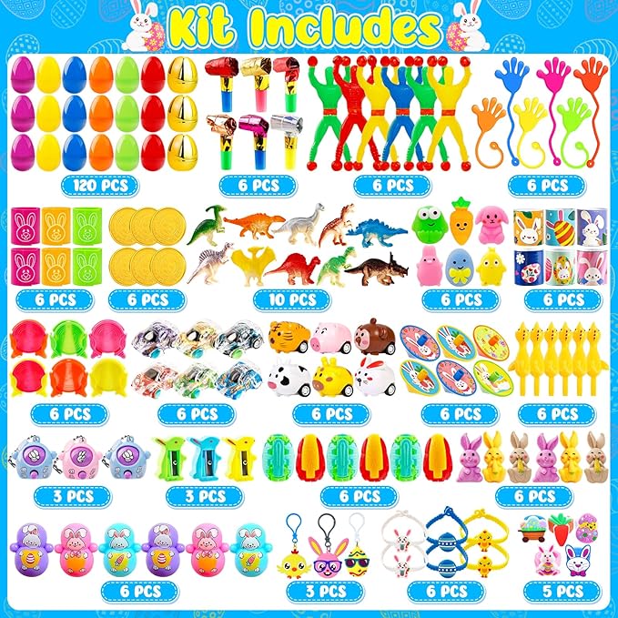 Adisher [ 6 Surprise Golden Eggs ] 120Pcs Prefilled Easter Egg with Assorted Toys, Plastic Easter Eggs Fillers for Kids, Basket Stuffers,Egg Hunt Party Favors Classroom Prizes Supplies for Boys Girls
