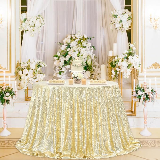 B-COOL Round Sequin Tablecloth Draping Decorations: Light Gold 90 Inch Tablecloths Sequin Overlay Green Shimmer Fabric for Birthday Dinner Parties Graguation