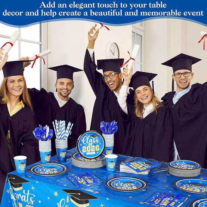 Funnymoom 452 Pcs 2026 Blue and Gold Graduation Party Decorations Supplies, Class of 2026 Graduation Paper Plates Napkins Cups Tablecloth Cutlery Straws Grad Congrats Grad Party Disposable Tableware