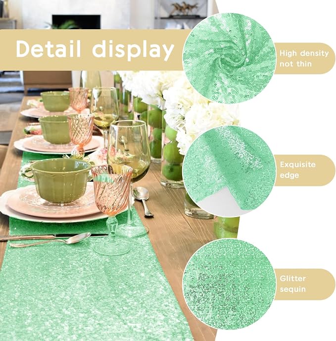 6 Packs 12 x 72 inches Sequin Table Runner, Mint Green Glitter Table Runner for Birthday Party Supplies Wedding Engagement Baby Shower Holiday Celebration Event Decorations